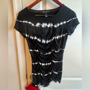 INC International Concepts Black and White Tie-Dye Ruched Short Sleeve Top
